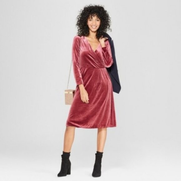 a new day Dresses & Skirts - A New Day Berry Burgundy Red Velour Wrap Bodice V Midi Dress XXL NWOT